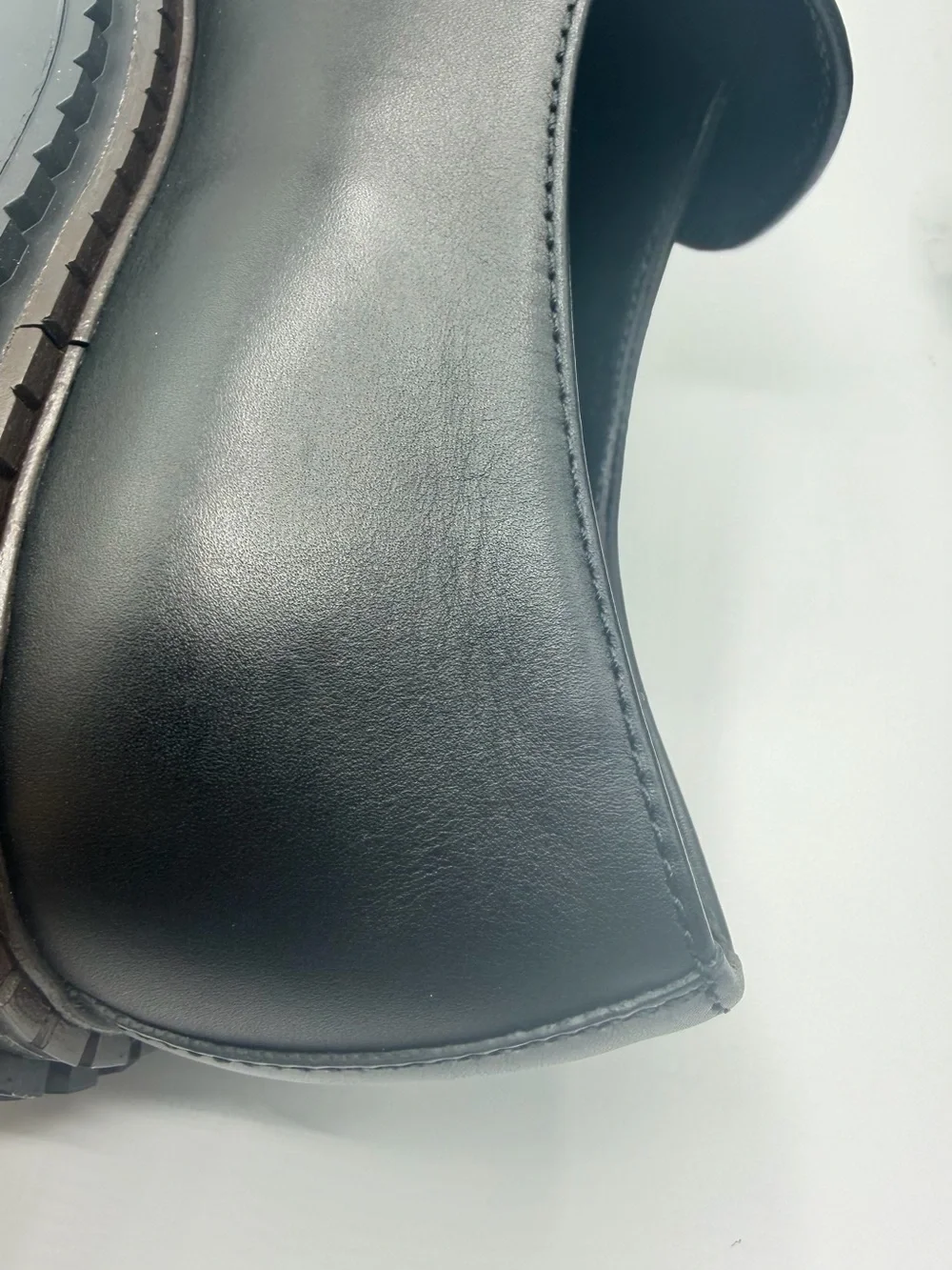 NIB Prada Triangle Logo Black Leather Double Chocolate Rubber Lug Sole Loafers